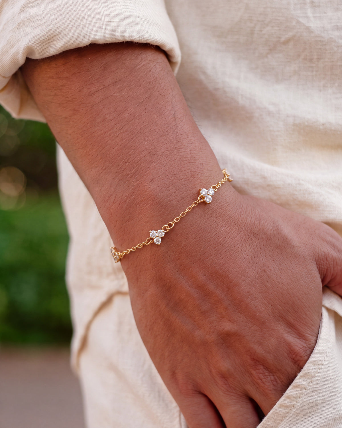 Yaluum Astra Pure clear moissanite gold bracelet – worn on wrist