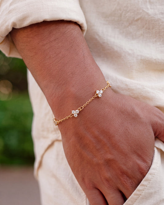 Yaluum Astra Pure clear moissanite gold bracelet – worn on wrist