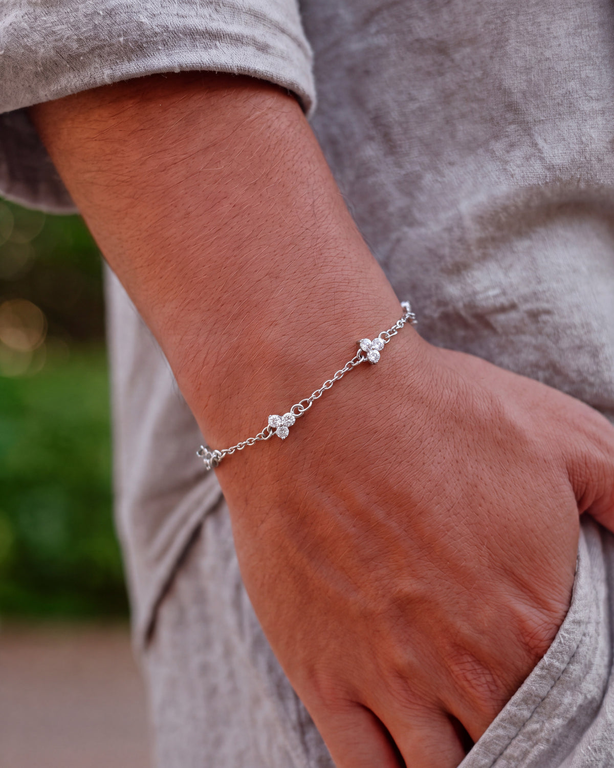 Yaluum Astra Pure clear moissanite silver bracelet – worn on wrist