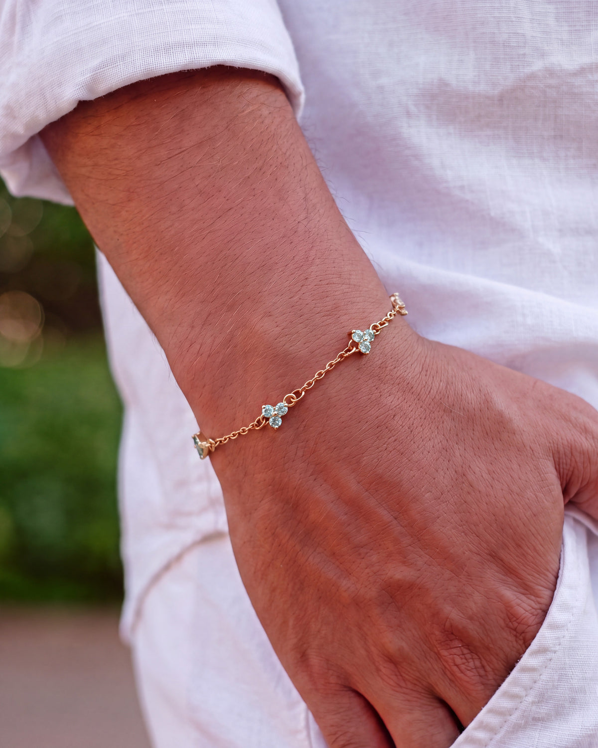 Yaluum Astra glacier moissanite gold bracelet – worn on wrist