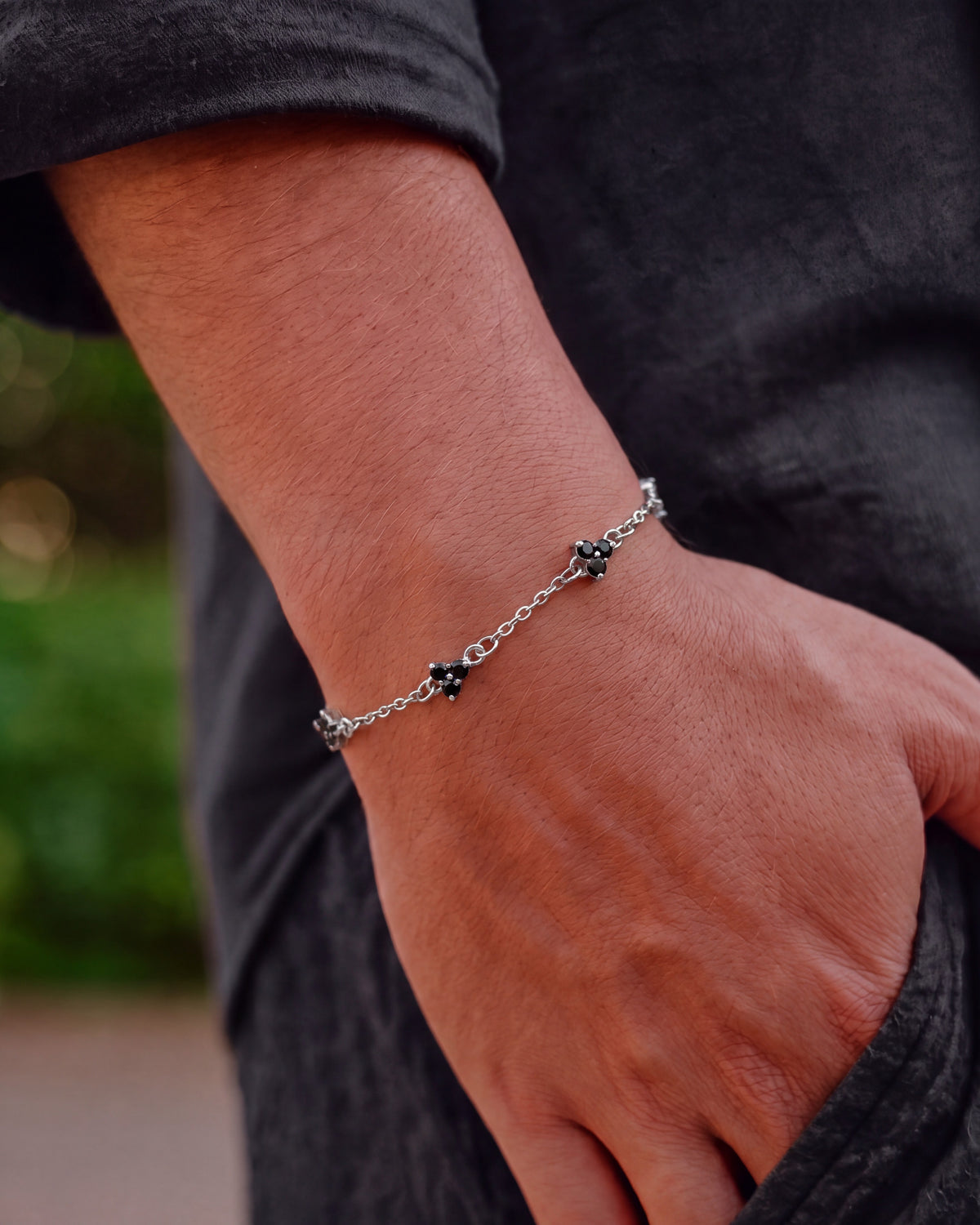 Yaluum Astra onyx moissanite silver bracelet – worn on wrist