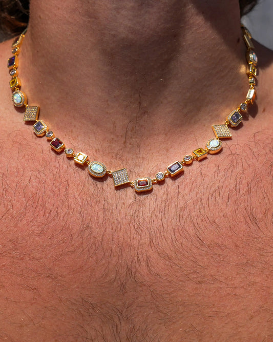 Gold gemstone chain worn by model – Yaluum